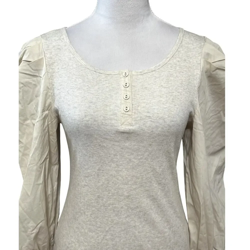 Habitual Top Henley Neckline Puff Sleeve Long Sleeve Solid Cream Girls 16 NWOT